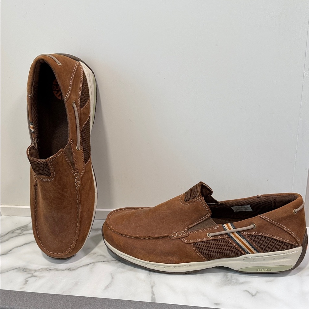 Dunham Men's Windward Slip-On boat shoes in brown leather size 13